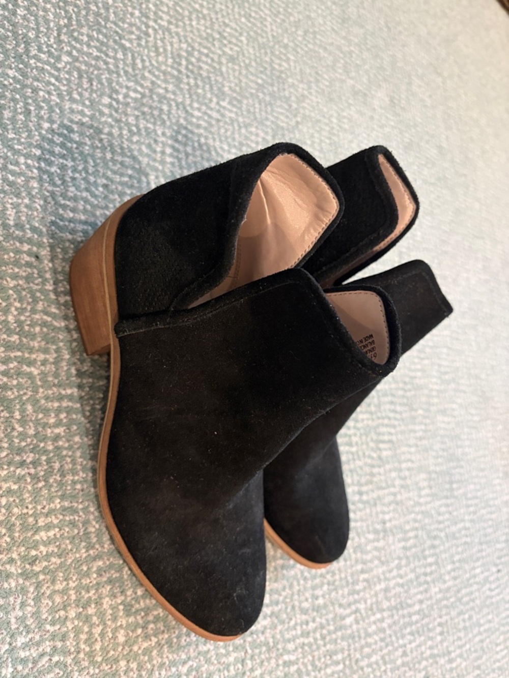 bp Black Suede Ankle Booties with Low Wood-Tone Heel